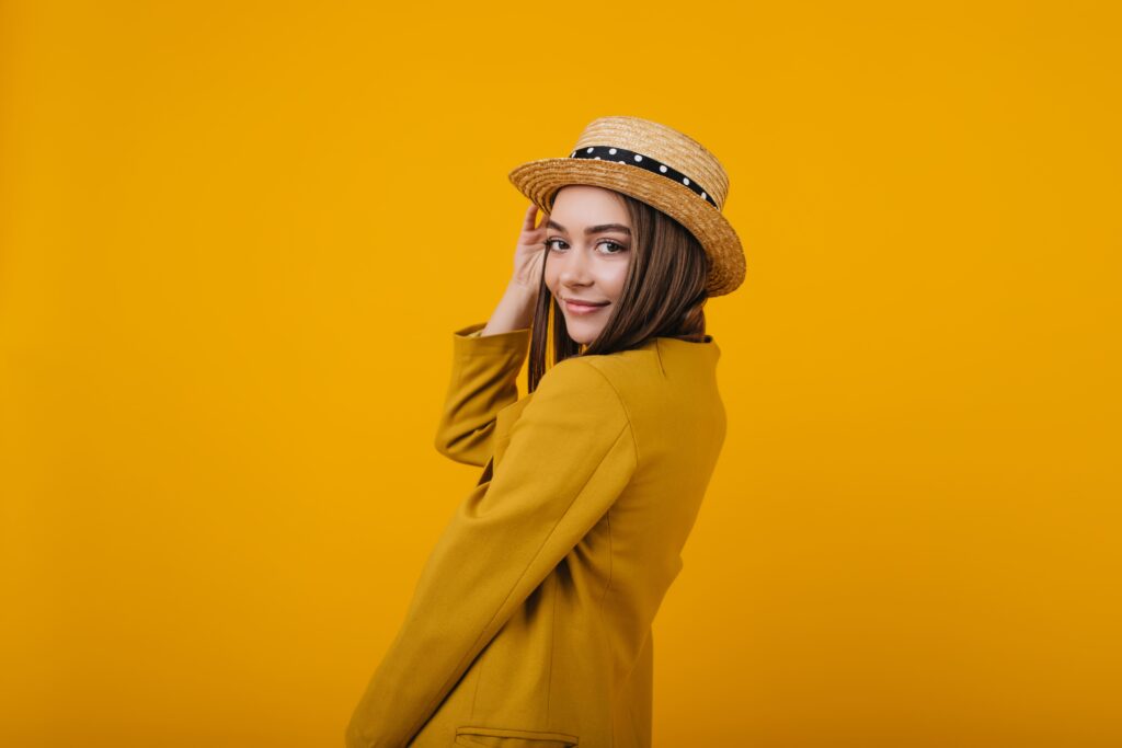 cute young lady trendy bright jacket posing female model straw hat having fun 1