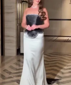 فستان سهرة اسود وابيض بتصميم كورسية